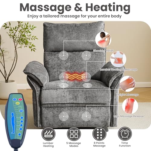 Image of Oversized Rocking Chair Nursery with Massage and Heat, Glider Recliner Nursery Chair with Adjustable Headrest, Power Swivel Rocker Recliner Chair with USB Port, Dark Grey
