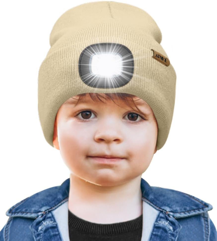 ATNKE Kids LED Lighted Beanie Cap,USB Rechargeable 4 LED Running Headlamp Bright Hat with Light Gifts for Boys and Girls