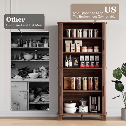 Image of Decofy 69 inch Tall Kitchen Pantry Storage Cabinet with Sliding Door, Modern Curved Edge Pantry Storage Cabinet with 5 Shelves, Cupboard for the Kitchen, Dining Room, Bedroom, Living Room, Office (Walnut)