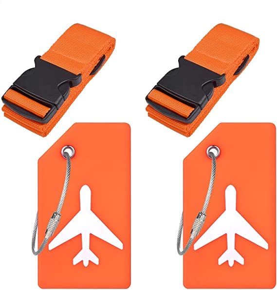LoiisgyLoiisgy 2 Pack Luggage Straps and Tags Set, Lock Buckle Packing Straps Adjustable Belts Suitcases Strap Travel Accessories Bag Strap Safety Straps for Luggage Suitcase (Orange)