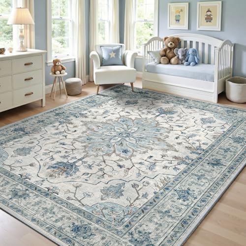 Area Rugs 5'x7' Washable Non-Slip, Floral Vintage Distress Print Pattern Medallion Carpet for Living Room Bedroom Dining Room, Blue Navy Beige Gray