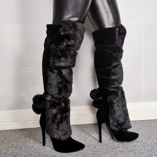 Frankie Hsu Handmade Designer Sexy Big Size Black Furry Fluffy Fuzzy Plush Faux Fur Stiletto Heels Knee High Calf Tall Long Winter Boots For Women US4-142