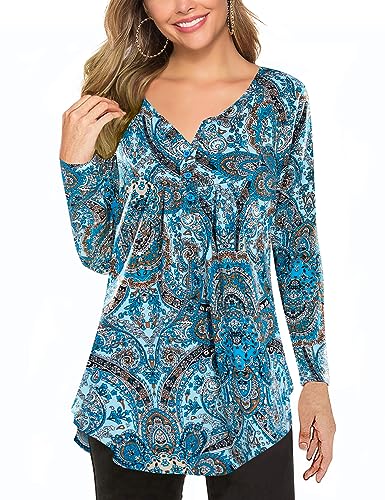 Halife Damen Floral Printed Langarm Henley Shirts V Ausschnitt Plissee Casual Flare Tunika Bluse Tops, Blau mit Paisley-Muster, Groß