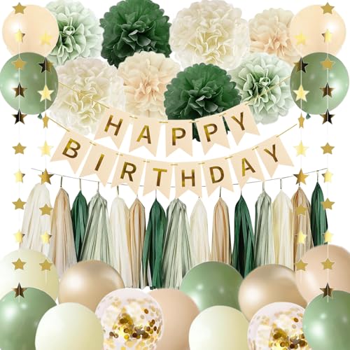 Sage Green Happy Birthday Party Decorations Retro Green Nude Ivory Dark Olive Kraft Paper Banner Balloons Safari Botanical Greenery Neutral Rustic Boho Blush Wild Décor Supplies Women Baby Girls Boy