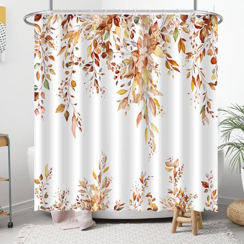 Image of Fall Eucalyptus Leaves Shower Curtain, Autumn Aesthetic Art Watercolor Plant Leaf with Floral Bathroom Decor, Waterproof Fabric Cloth Bath Curtain Set with Hooks (Brown-Orange, 72 inch W x 72 inch L)