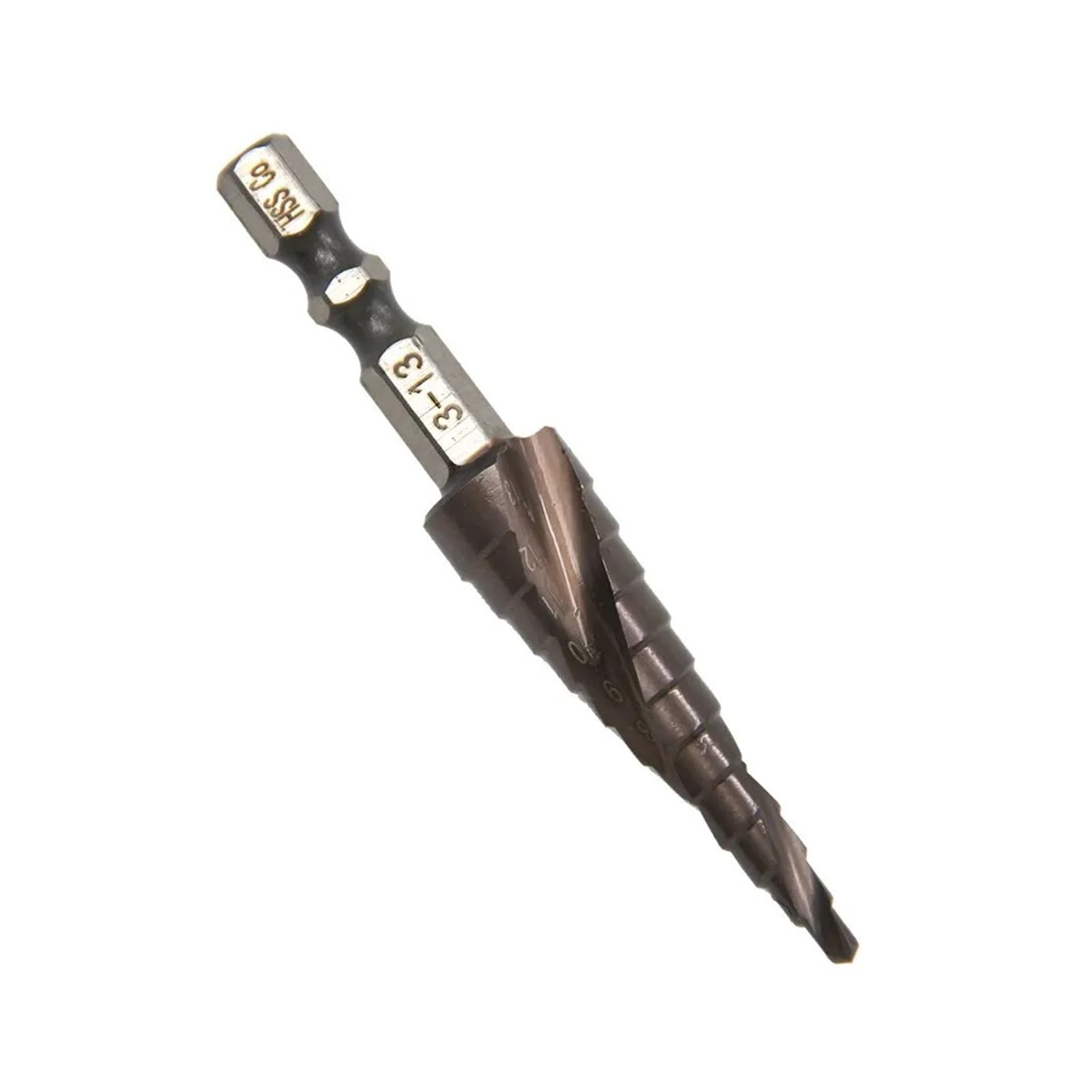 Broca espiral escalonada, Taladro escalonado con espiral hexagonal M35 de 3 y 13 mm con cobalto