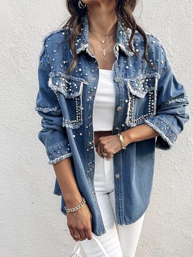 Huang's Women's Denim Jacket with Embellished Shiny Studs, Non Stretch Distressed Jean Coat2