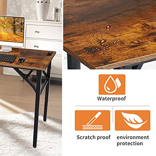 Temi 31.5'' Computer Desk With Power Outlet, Home Office Writing Desk, Study Table Workstation, Stable Metal Frame, Rustic Brown #TOP5