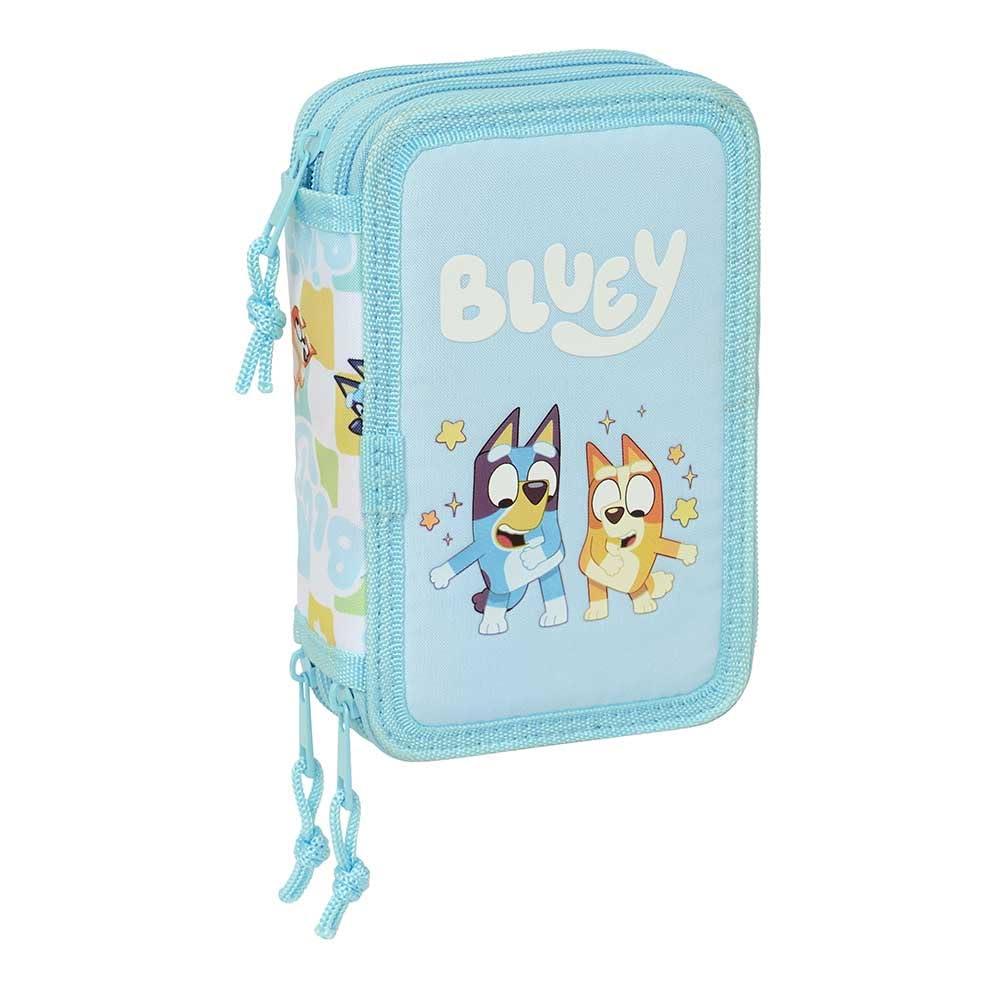 safta | Trousse Bluey Ready Triple, 37 pièces, pour Enfants avec 3 Compartiments zippé, Comprend 16 Crayons de Couleur, 14 feutres, Une règle et Un rapporteur, Dimensions : 12,5 x 5,5 x 19,5 cm