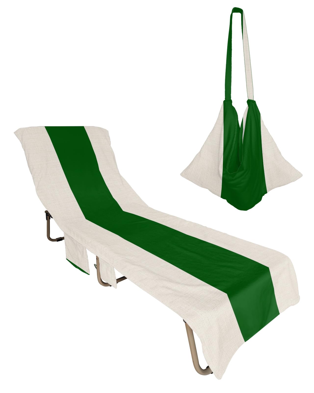 Christmas Green Beach Chair Towel Covers for Chaise Lounge with Side Pocket, Soft Plush Pool Towels Cover for Patio Sunbathing Outdoor 29''x85'' Xmas Geometric Stripes Retro Beige