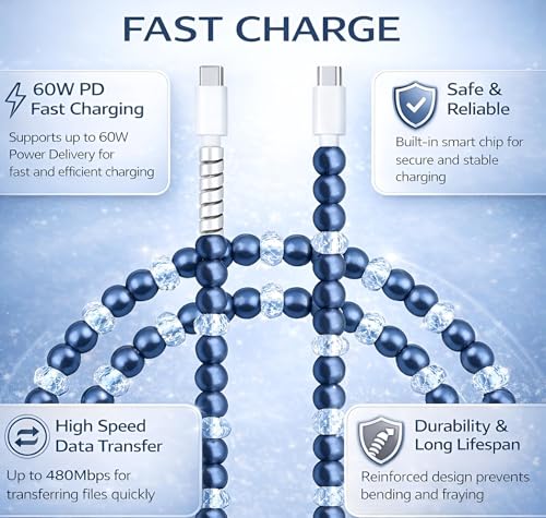 Image of Cute Beaded USB Cable Type C Phone Charger for iPhone or Android Fast Charging Colorful 3.3ft Cord for Smartphones (Blue Noir)