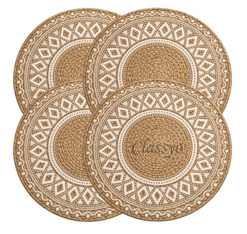 Image of Classyo Cotton Coasters for Dining Table, 10 inch (Brown Design, Pack of 4) | Round Placemats for Hot Pots, Plates and Pans | Dining Table Placemats | Dining Table Mat | Washable Round Table Mats