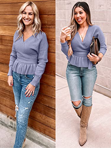Image of ZESICA Women's Fall 2026 Wrap V Neck Long Batwing Sleeve Belted Waist Ruffle Knitted Sweater Pullover Top