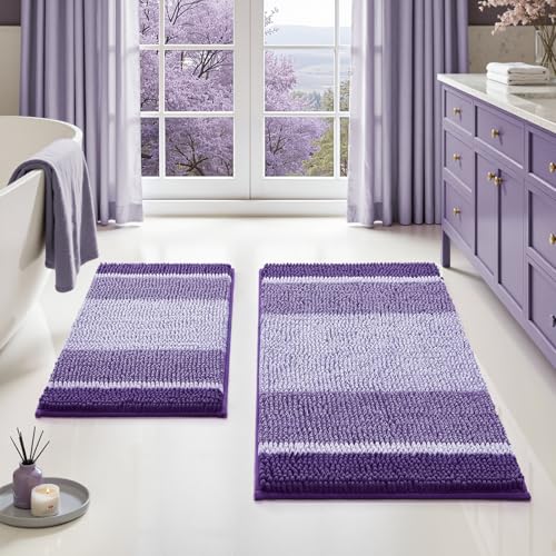 HOMEIDEAS Purple Bathroom Rugs Set of 2 Thick Absorbent Chenille Bath Mats Non-Slip Soft Shaggy Rugs for Bathroom Floor 20 x 32 Plus 17 x 24