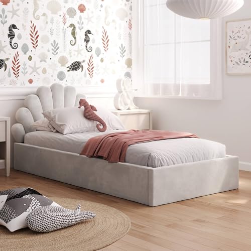 Cama infantil tapizada de 90 x 200 cm gris con somier para niños 2