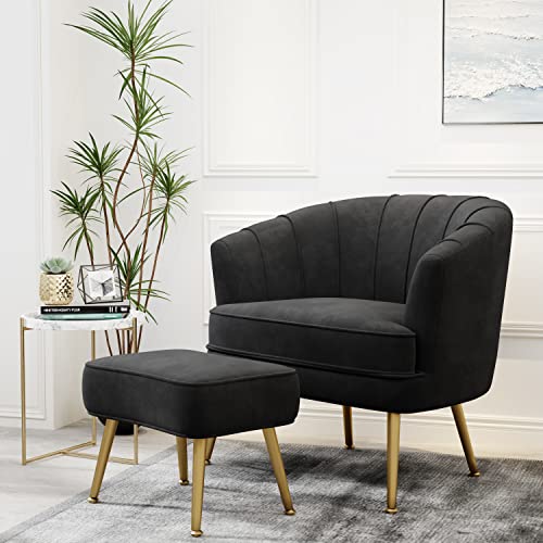 Andeworld Velvet Accent Chair with Ottoman, Upholstered Modern Single Sofa Side Chair,Comfy Barrel Club Living Room Armchair with Golden Metal Legs for Bedroom Living Reading Room Office, Black