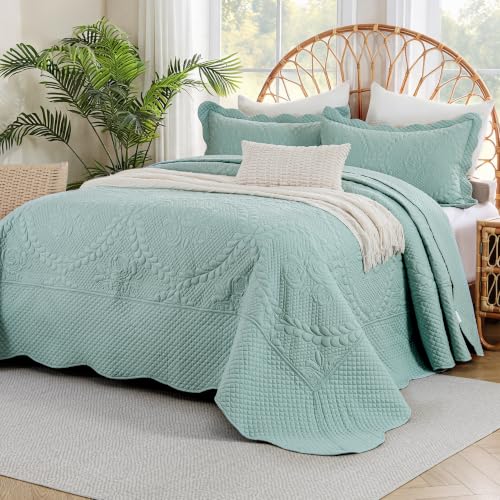 Image of EVENHUG Oversized King Bedspreads California King Quilt Set with Pillow Shams Extra Wide Large King Size Quilts Lightweight Coverlet Bedding Sets Aqua Sky 120 inchx128 inch