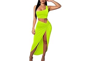 Women's Alluring Neon Bodycon and Split Skirt Two-Piece Dress