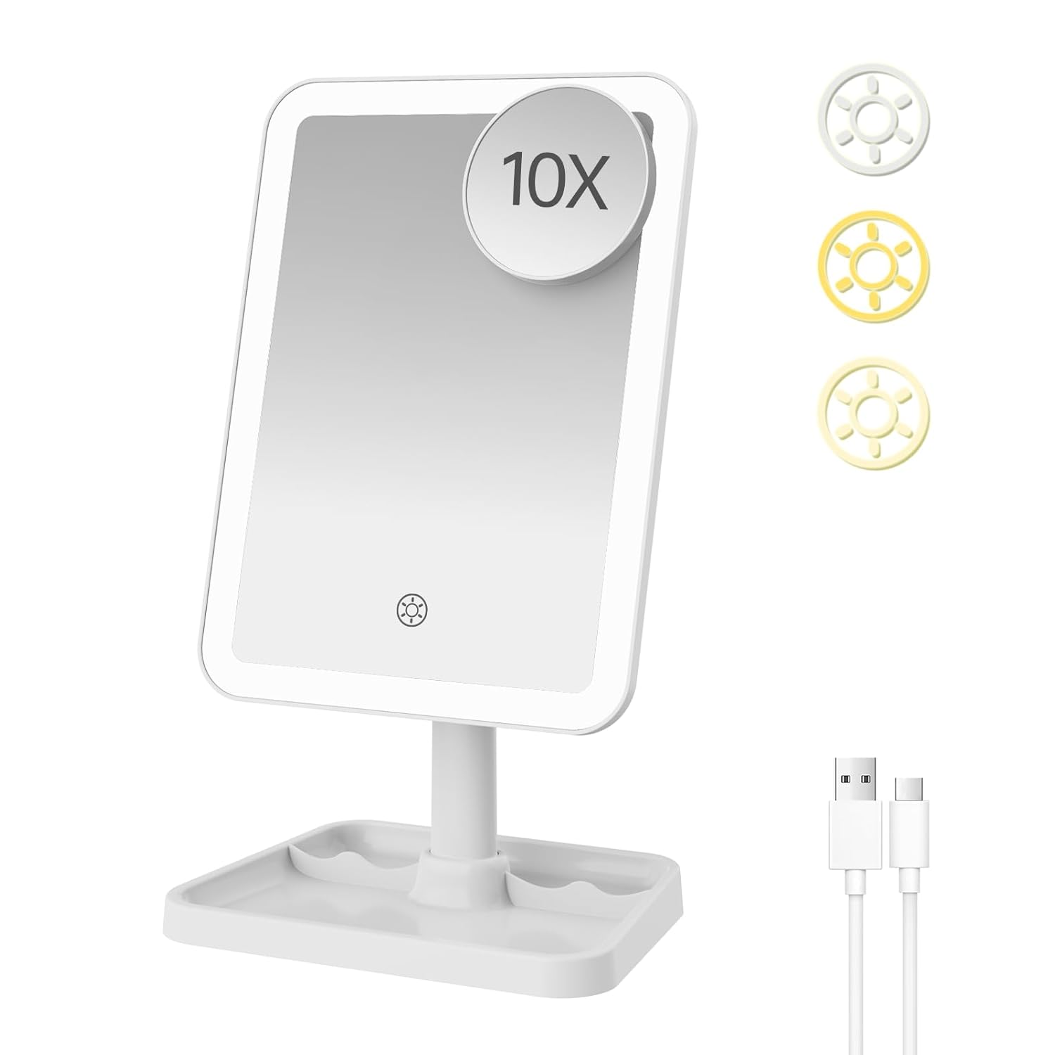 FUNTOUCH Rechargeable Lighted Mirrors for Makeup, 2000mAh, 10X Magnification/3 Color Lighting Portable Tabletop Cosmetic Make Up Mirror, 360° Rotation Led Light up Mirrors with Storage,White - Image 8