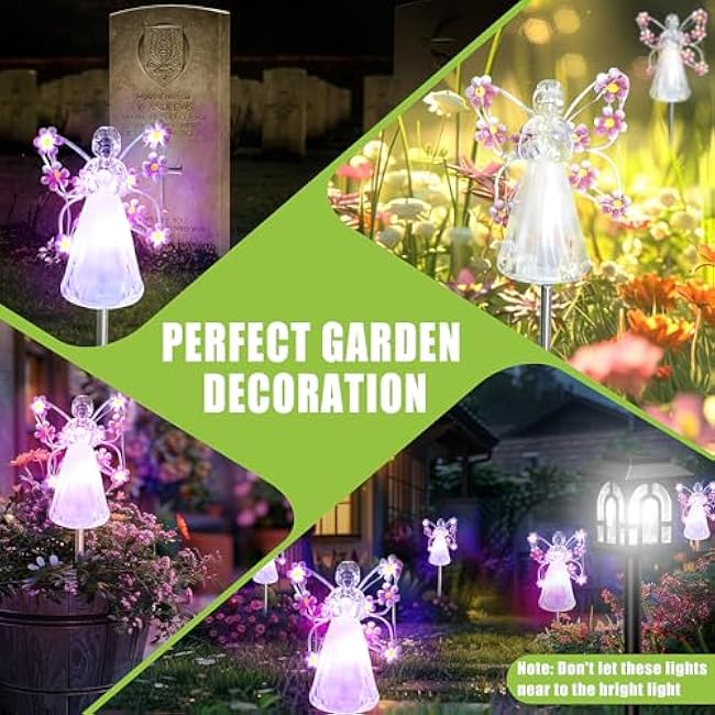 Flumy Solar Lights Outdoor Waterproof 2 Packs,Cemetery Grave Decorations,Memorial Gift,Christmas Yard Art,Solar Lights for Outside Gardening Supplies, Iron Winged Angel Light Solar Powered¨ÛPink