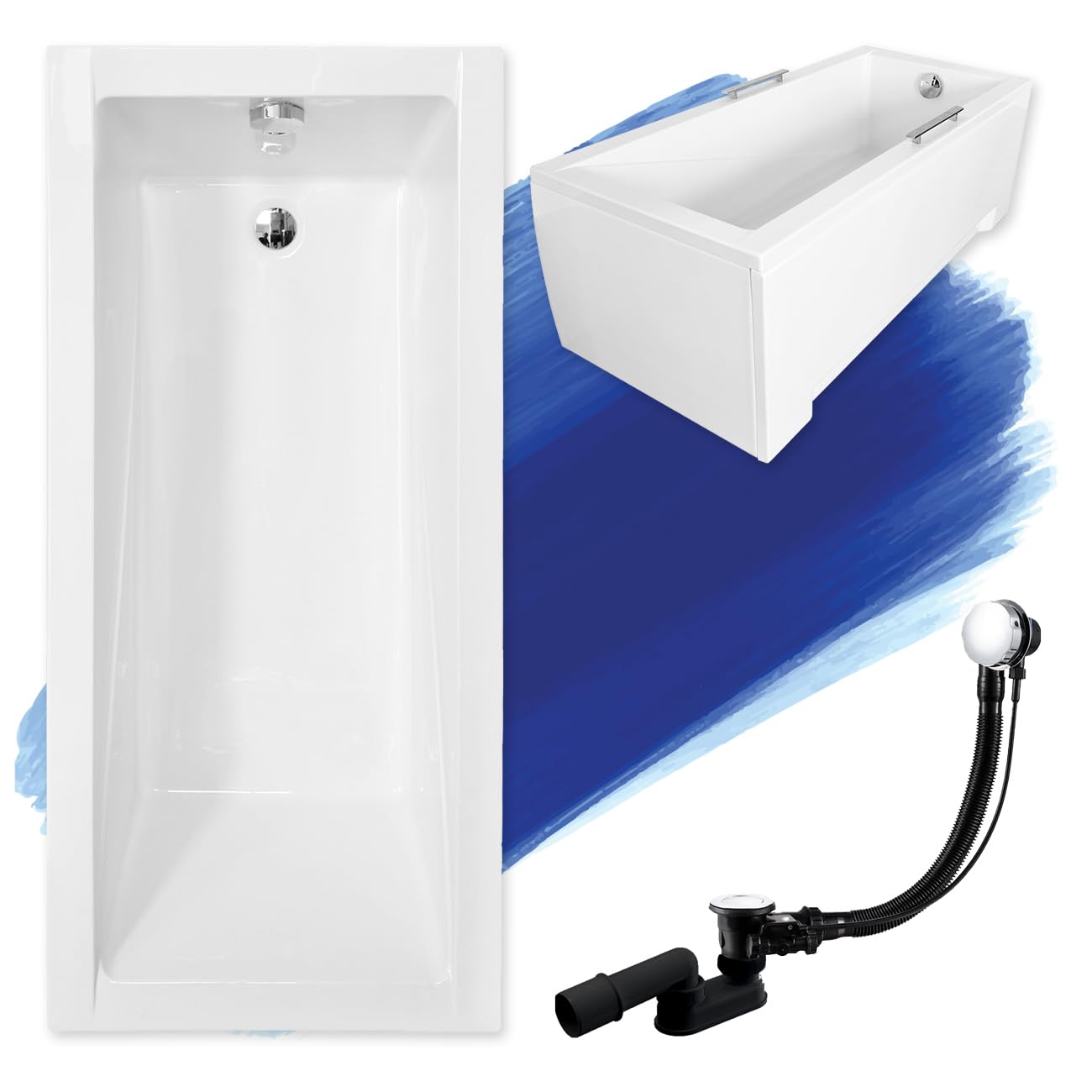 Baignoire rectangulaire BADLAND - En acrylique - 140 x 70 cm - Blanc - Kit complet - Tablier en acrylique - Siphon - Pieds de baignoire - Design moderne - Bonde chromée - Fabriqué en UE - 4 en 1