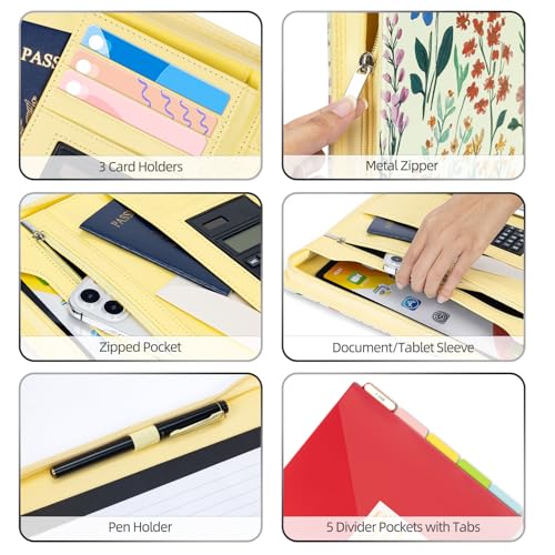 Image of Ospelelf Leather Clipboard Binder with Storage - 3 Ring Zippered Padfolio Portfolio Folder - Calculator, 12.1 inch Tablet Sleeve, 5 Dividers with Pocket, Refillable Notepad, Card Slot (Floral)