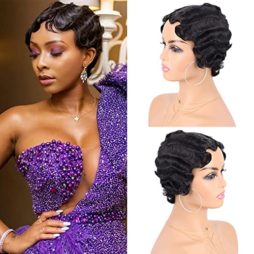 G&T Wig Finger Wave Wig Short Mommy Hair Synthetic Curly Wigs for Black Women Lady Nuna Wig 1920s Cosplay Costume Halloween Party Daily Use (1B)