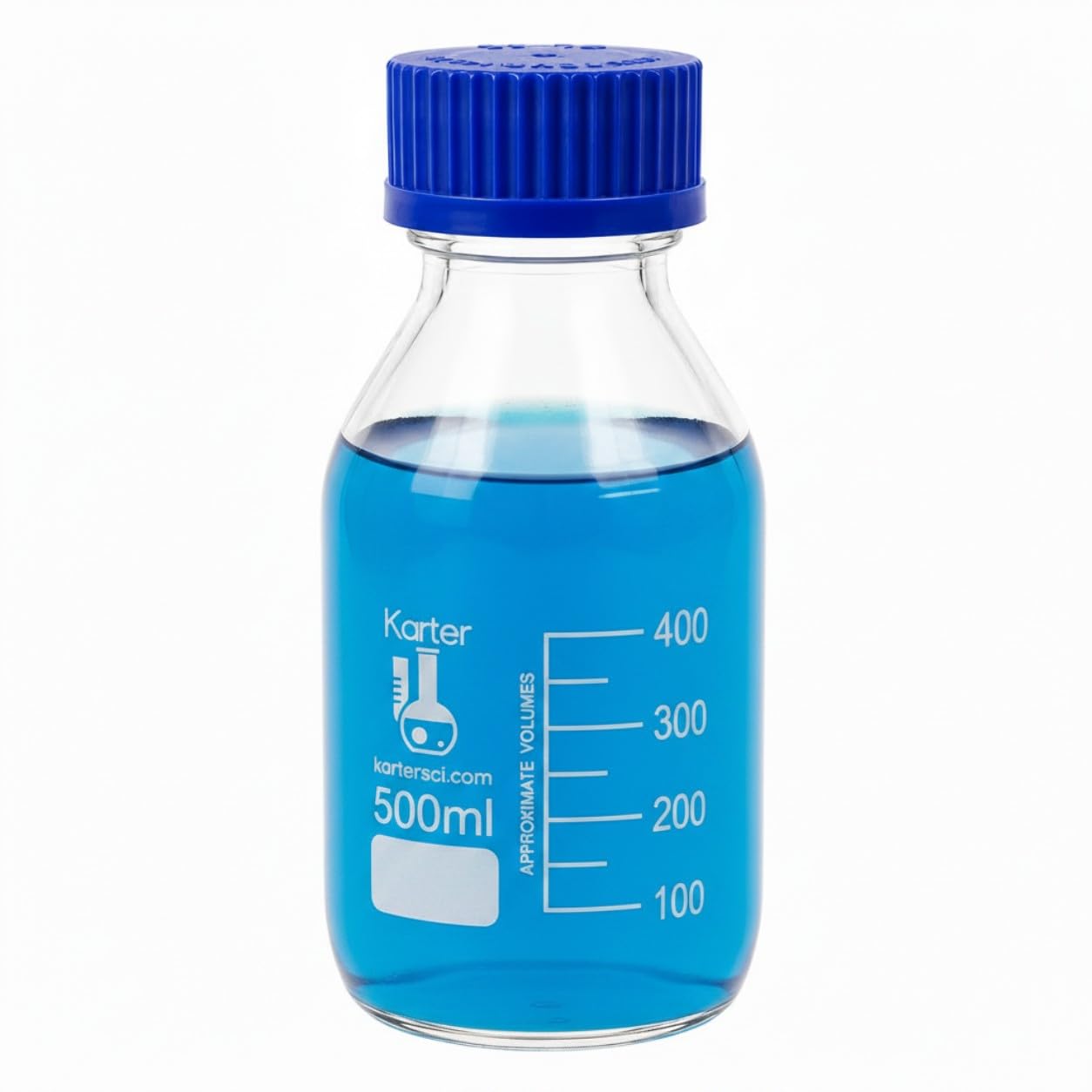 Botellas redondas de vidrio de 500 ml con tapa de rosca GL45, vidrio de borosilicato, Karter Scientific 251M8 (paquete de 2)
