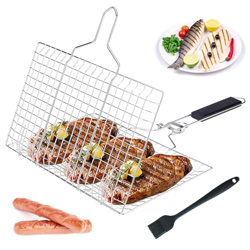 FZYCOM Griglia Barbecue con Spazzola, Cestello per Griglia Portatile, Cestello per Barbecue in Acciaio Inossidabile Griglie per Barbecue Pieghevole per Bistecca di Pesce Gamberetti Verdure