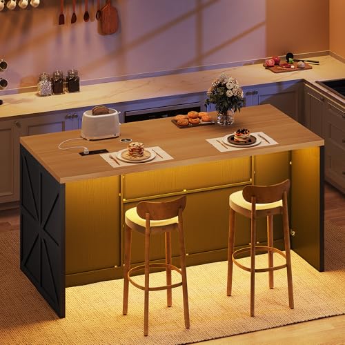 Homiflex Kitchen Island with Storage, 63\" W Large Island Table with Trash Can, Farmhouse Kitchen Islands with Power Outlet/LED, Rolling Cart with Spice Rack for Dining Room, Black - Thumbnail 6