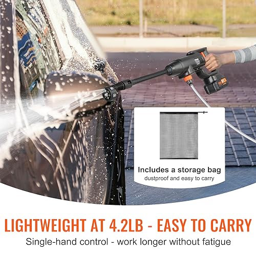 VEVOR Hogedrukreiniger op accu, draadloos, 21 V, krachtige reiniger, draagbaar, 580 psi, 40 bar, elektrische wasmachine, 4 l/min, accu 4,0 Ah, oplader voor het reinigen van terras, tuin, auto - Afbeelding 4