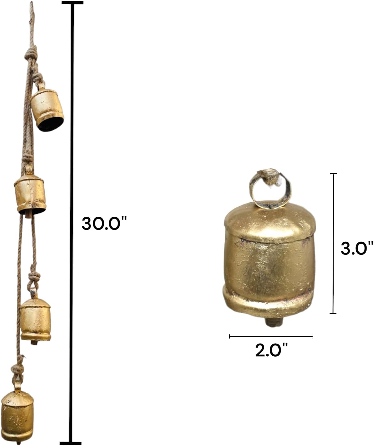 Shabby Chic Gold Christmas Bells 4 Hanging Iron Bells Vintage Style Rustic Cow Bells Metal Tibetan Inspired Meditation Bell Tranquil Wind Chimes 4 Handmade Lucky Jingle Bells Christmas Tree Decor