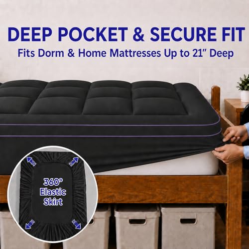 Image of ABENE Twin XL Mattress Topper for College Dorm Room Essentials, 3 Inch Dual Layer Memory Foam with Plush Pillow Top, Extra Long Dorm Bed Topper for Back Pain Relief and Comfortable Sleep, Black
