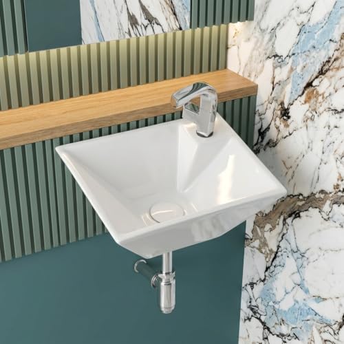 Image of Wall Mounted Wash Basin for Bathroom | Wall Hung Wash Basin /Sink (15 x 10.4 x 4.9 Inch, Saga-5004)