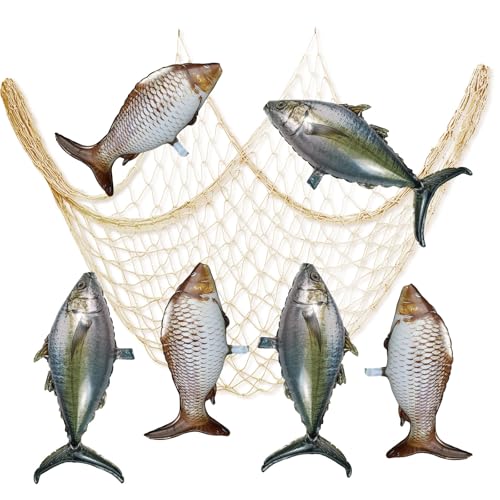 7pc Fish Balloon Set with Fishing Net 3 Carp & 3 Tuna Foil Balloons for Fishing Birthday Party Decorations Gone Fishing Baby Shower Ofishally One Retirement Sea Animal Balloons Net Decor