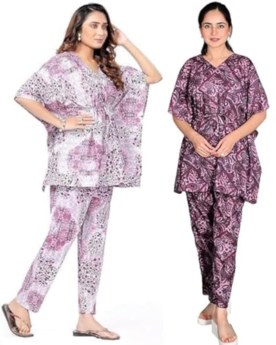 Image of Vlazom Women's 100% Cotton Printed Kaftan & Pyjama Set - Combo Pack of 2 | Free Size Nightwear with Pocket | Soft Cotton Loungewear Co-ord for Women