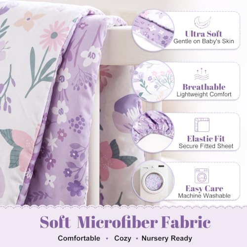 Image of Hahafelt 4 Pieces Crib Bedding Set for Girls and Boys, Purple Floral