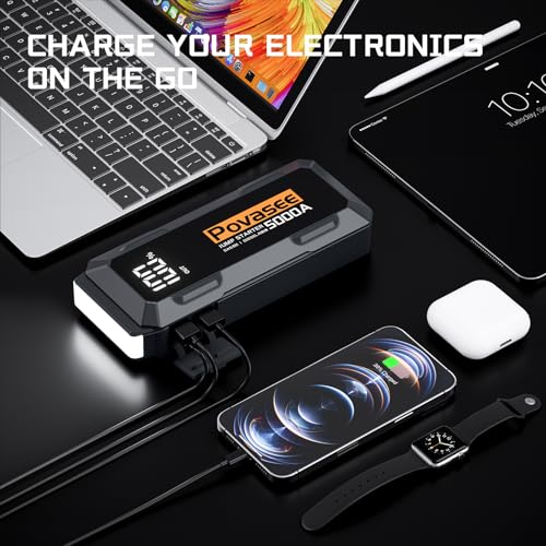 Image of Povasee Car Battery Jump Starter 5000A Jump Box (All Gas /10L Diesel) Portable Car Jump Starter Battery Pack, 12V Jumper Starter Portable 3 inch LCD Display /Power Bank /Dual Output /LED Light DC