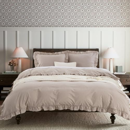 DAUAOTO Queen Size Ruffle Duvet Cover Set, 100% Cotton, Kids Teen Girls Duvet Cover 90