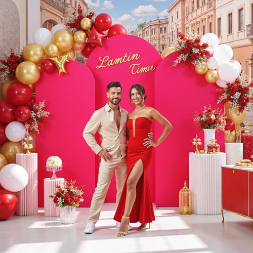 Image of Hot Pink Arch Backdrop Cover Set of 3 (7.2ft, 6.6ft, 6ft), Double-Sided Spandex Chiara Arch Frame Covers, Wrinkle-Free Vibrant Matte Fabric for Birthday Party Decor (No Stand)