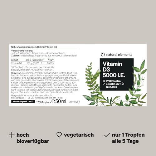 natural elements Vitamin D3 - Laborgeprüfte 5000 I.E. pro Tropfen - 50ml (1700 Tropfen) - In MCT-Öl aus Kokos - Hochdosiert, flüssig