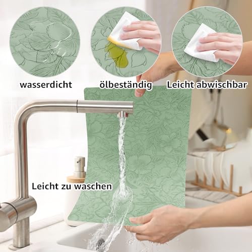 Set di 4 tovagliette con 4 sottobicchieri, design floreale intagliato, antiscivolo, resistenti al calore, lavabili, per cucina e tavolo da pranzo, in pelle artificiale (verde) - immagine 4