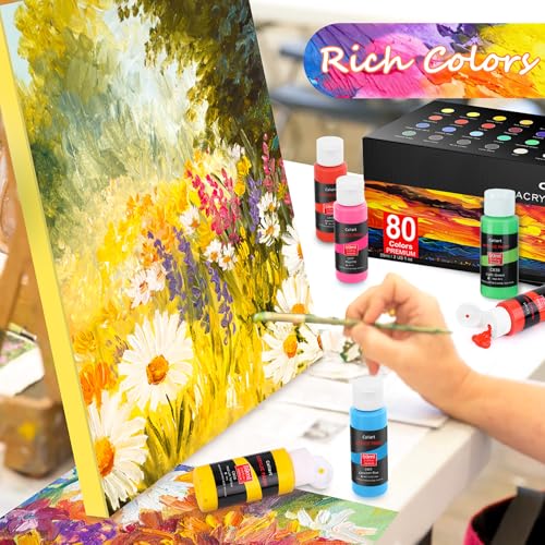 Caliart Acrylic Paint Set, 80 Colors (2oz/Bottle) with 12 Brushes, Art Supplies Craft Paints Water Proof, Premium for Adults Artists Beginners Painters, Canvas Pumpkin Ceramic Wood Fabric Rock Painting Kit - Thumbnail 2