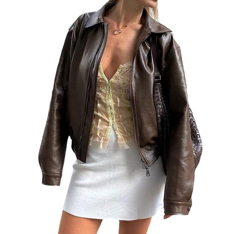 NIFTRIRY Women Faux Leather Jacket Lapel Collar Motorcycle Zip Up Long Sleeve Motor Biker Cropped Jacket
