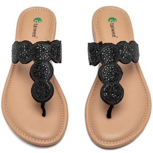 Image of Ataiwee Women's Bohemian Bling Flat Slide Sandals - Casual Summer Thong Sandals with Rhinestone Decor, Rubber Sole, Lightweight & Comfortable for Casual Attire Strappy Sandals.