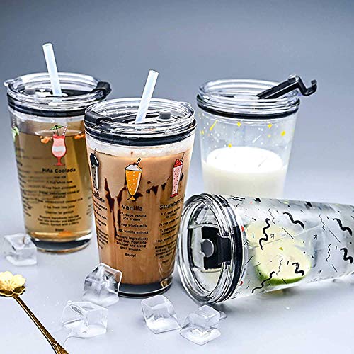 Image of ANKUL Set of 2 Printed Glass Tumblers with Lid and Straw - 350 ml Reusable Smoothie & Water Glasses - Cold Drink Cups (Random Design) (2, Patiyala)