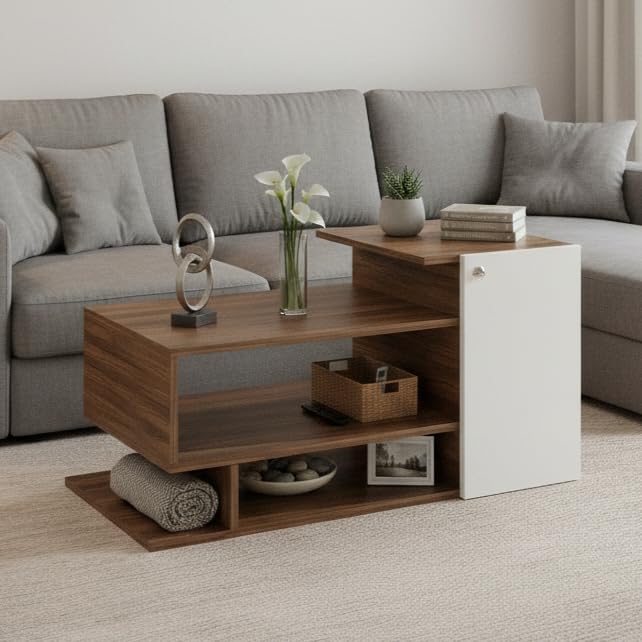 Image of FURNEASER Hanoi Modern Engineered Wood Coffee Table with Door & Storage Shelves | Center Table for Living Room & Sofa Area | Multi Level Open Rack Design | DIY Furniture (Exotic Teak & White)