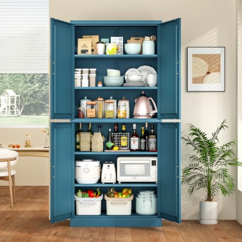 Image of Wanfu 71 inch Tall Pantry Cabinet, Metal Kitchen Pantry Cabinet with 4 Doors and 4 Adjustable Shelves, Kitchen Pantry Storage Cabinets, Metal Storage Cabinet for Kitchen, Dining Room, Living Room-Blue