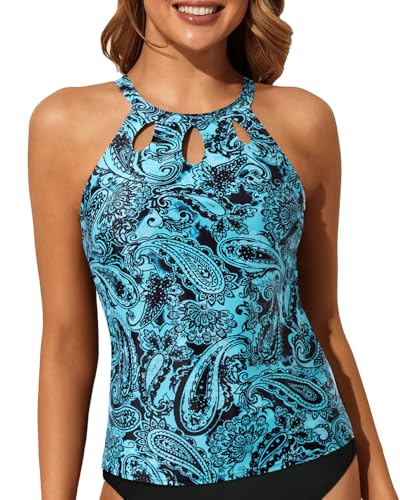 Image of Tempt Me High Neck Tankini Top Backless Bathing Suit for Women Key Hole Swimsuit Swim Top Only