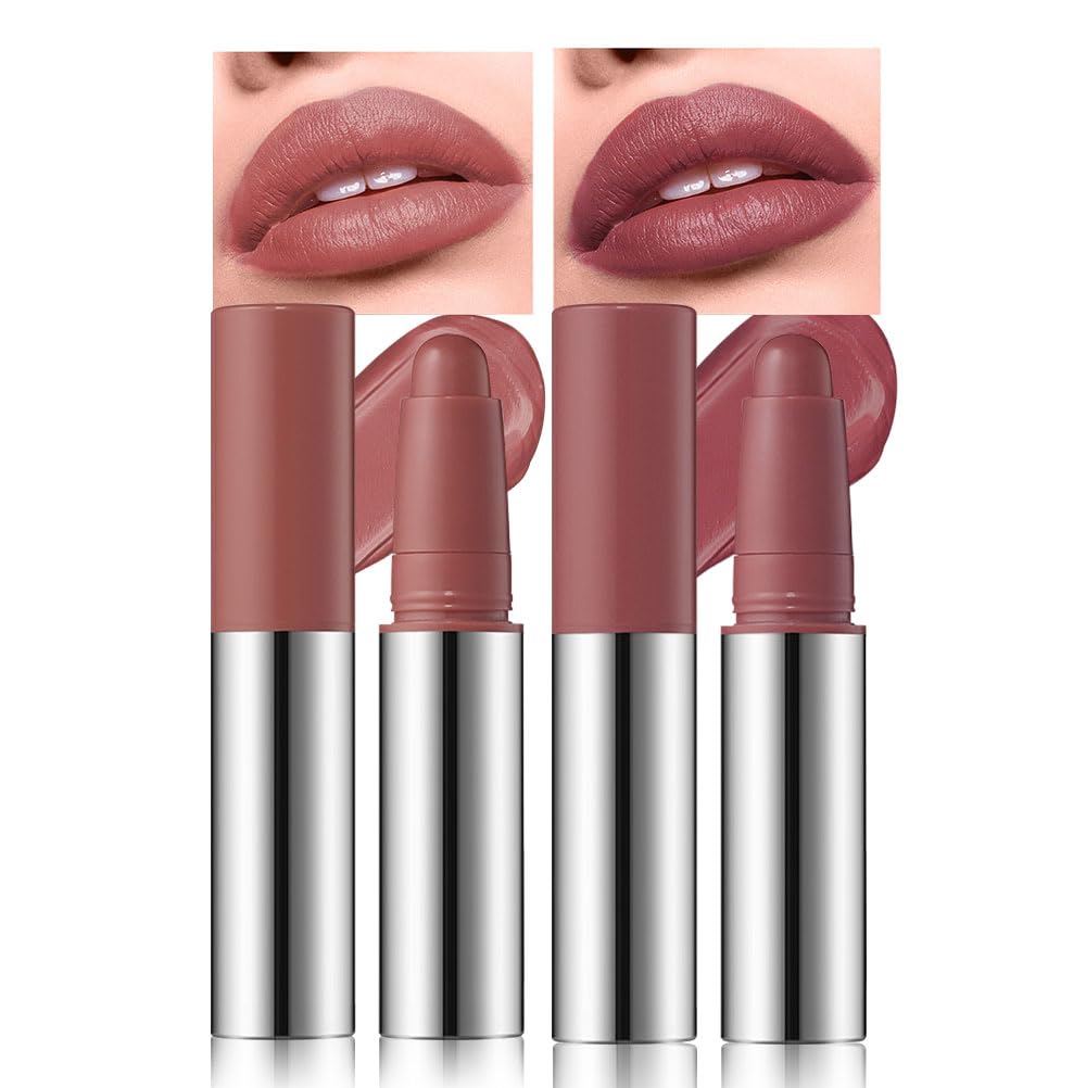 Matte Lipstick Crayon Set, Muted Nude Brown & Deep Rosewood – Waterproof Long Lasting Lip Liner Pencil, High Pigment Creamy Velvet Lipstick, Non-Drying Lip Color for Women, 01+04